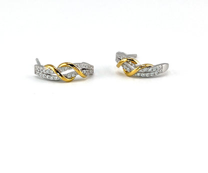Two-Tone Twisted Moissanite J-Hoop Earrings: 14K Gold & Sterling Silver