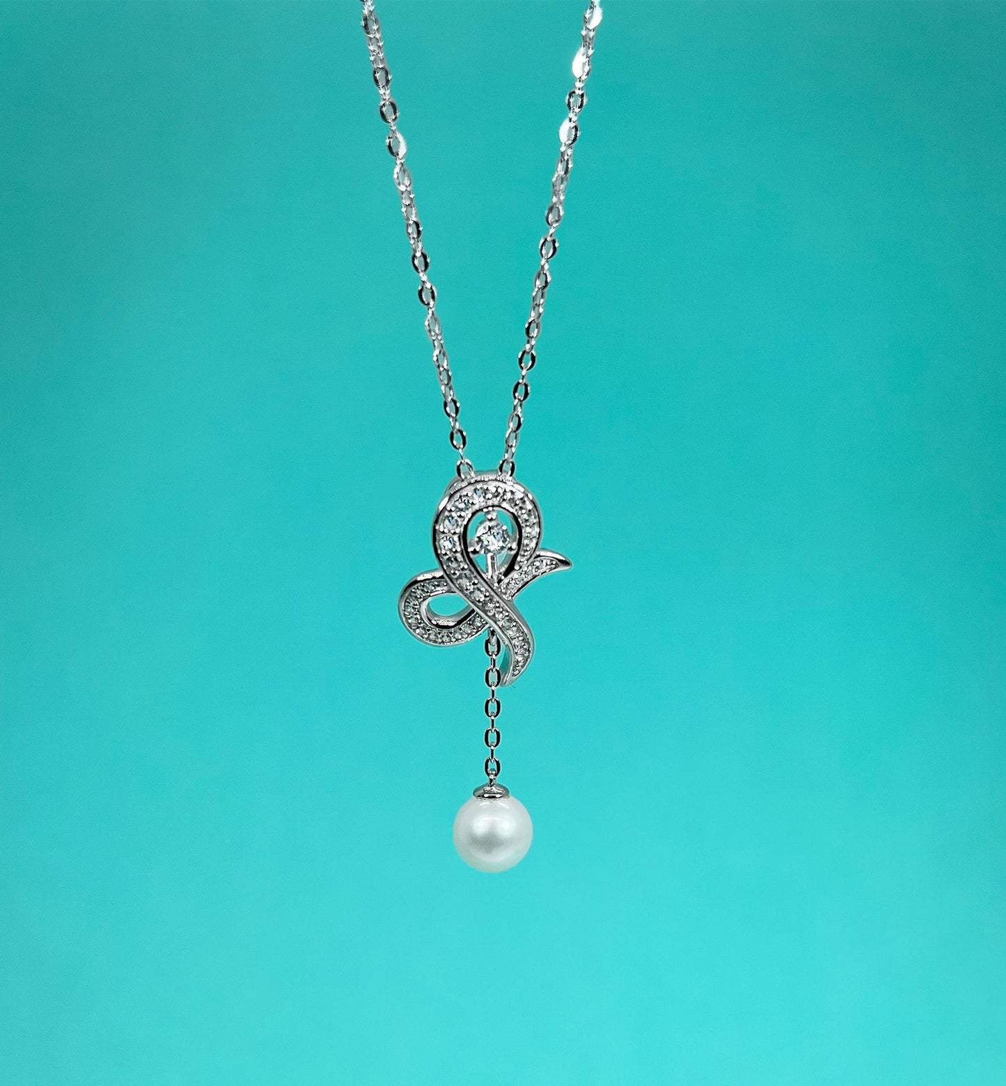 Moissanite Bow Necklace: Sterling Silver Pearl Dangle Bridal Pendant