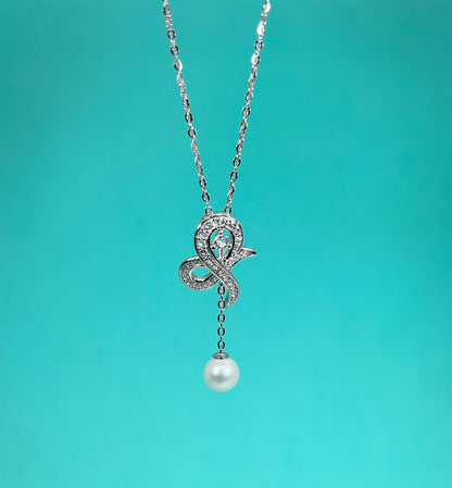 Moissanite Bow Necklace: Sterling Silver Pearl Dangle Bridal Pendant