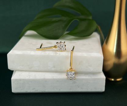 Moissanite Bar Stud Earrings: 1Ct Princess Cut, 14K Gold Plated Silver