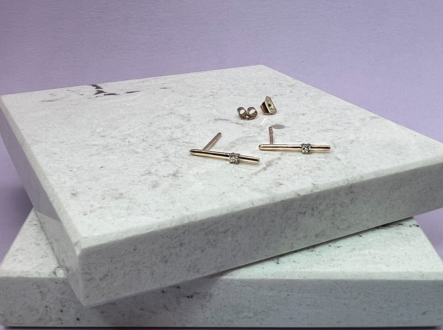 14K Yellow Gold Diamond Bar Earrings: Minimalist Studs