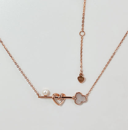 Rose Gold Heart Key Necklace: Mother of Pearl, Moissanite Accents