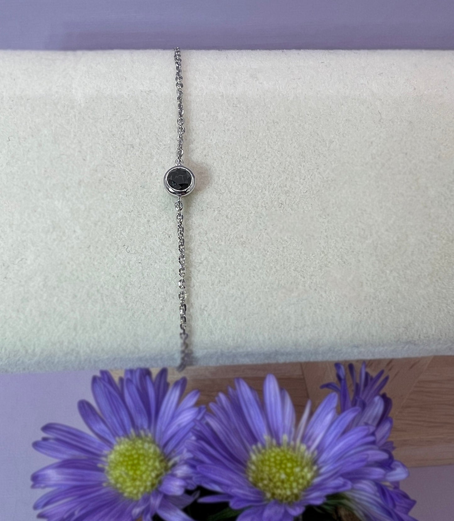 Black Diamond Solitaire Pendant Necklace or Bracelet: Sterling Silver Bezel Set