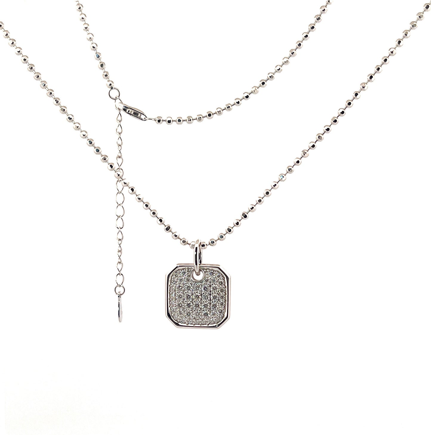 Moissanite Pavé Square Pendant Necklace: Rhodium Sterling Silver Dog Tag