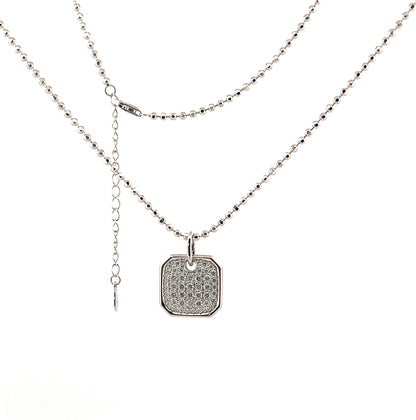 Moissanite Pavé Square Pendant Necklace: Rhodium Sterling Silver Dog Tag