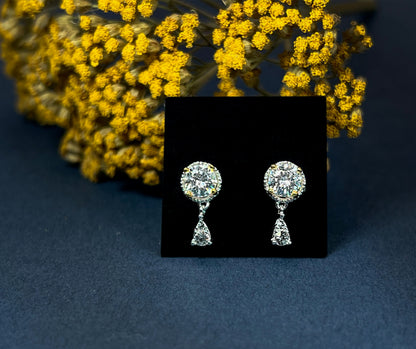 Moissanite Halo Dangle Earrings: Two-Tone Sterling Silver Studs