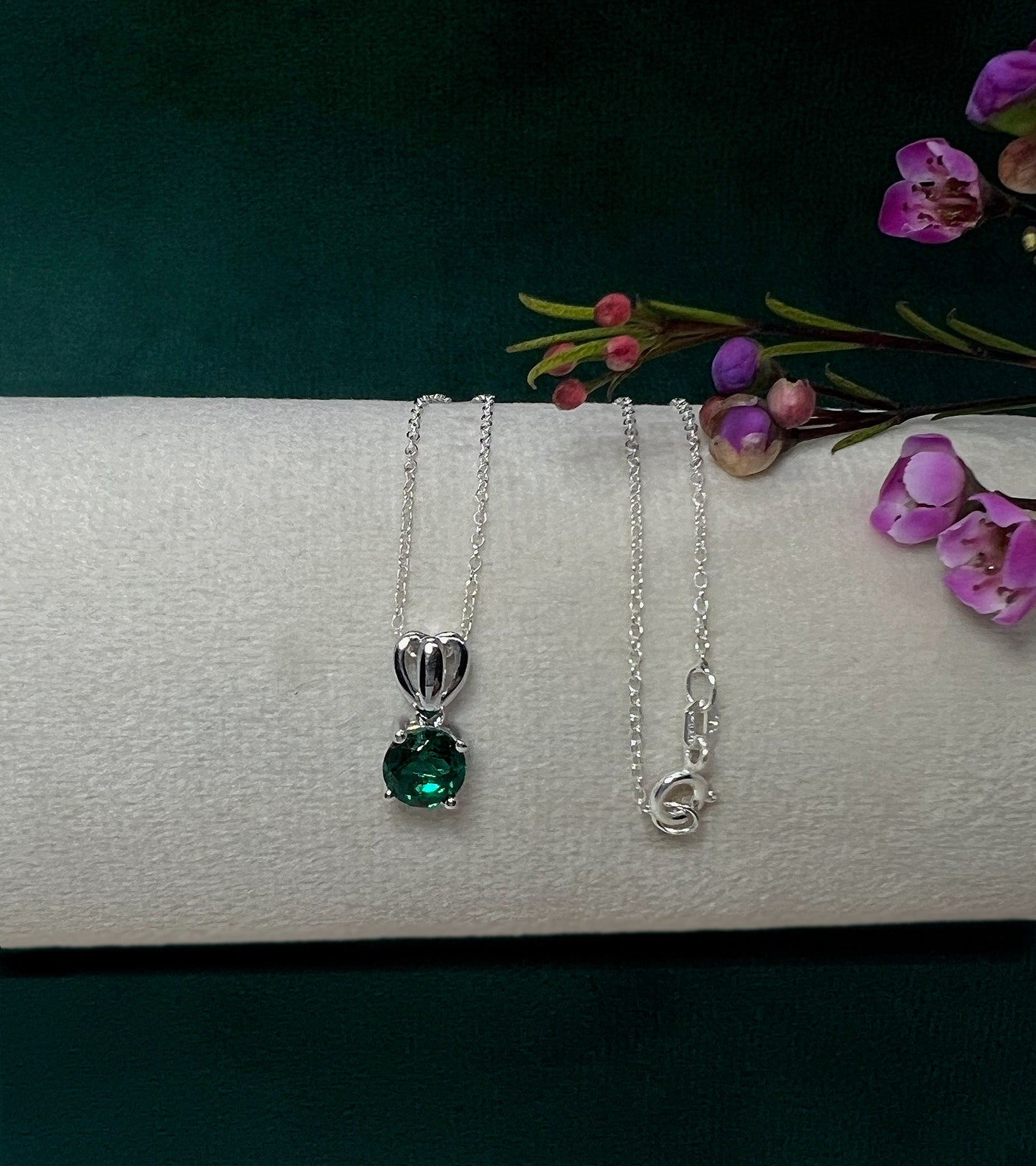 Emerald Solitaire Pendant Necklace: Rhodium Plated Sterling Silver