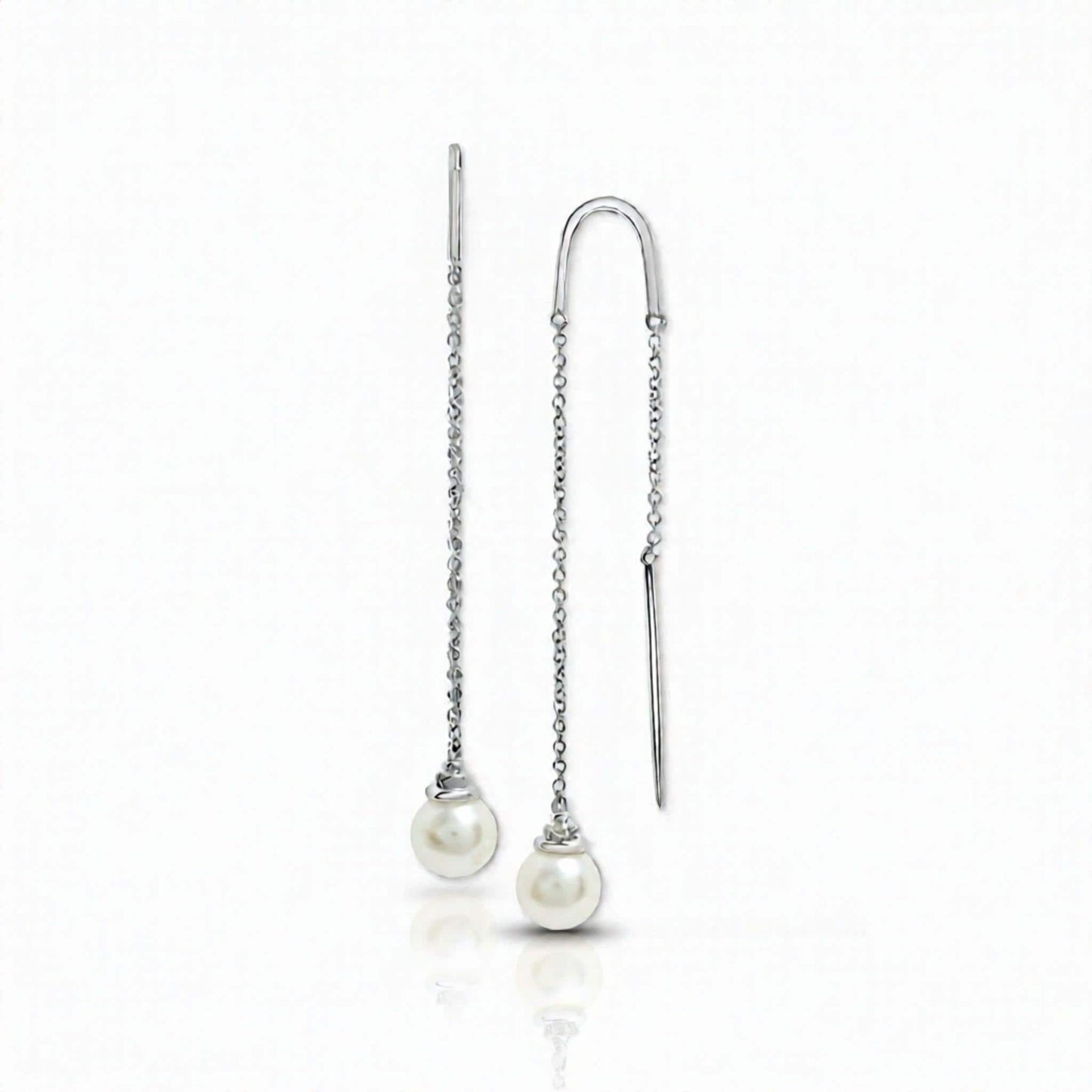 Cultured Freshwater Pearl Threader Earrings in Sterling Silver | White Sapphire and Pearl Dangle Earrings | Bridal Jewelry