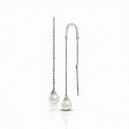 Cultured Freshwater Pearl Threader Earrings in Sterling Silver | White Sapphire and Pearl Dangle Earrings | Bridal Jewelry