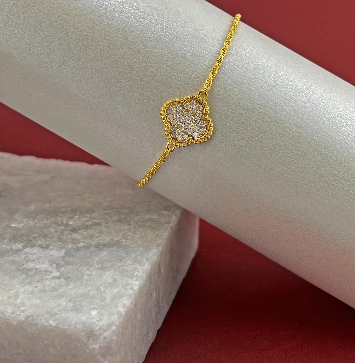 Moissanite Four Leaf Clover Bracelet: 18K Gold or Sterling Silver