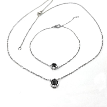 Black Diamond Solitaire Pendant Necklace or Bracelet: Sterling Silver Bezel Set
