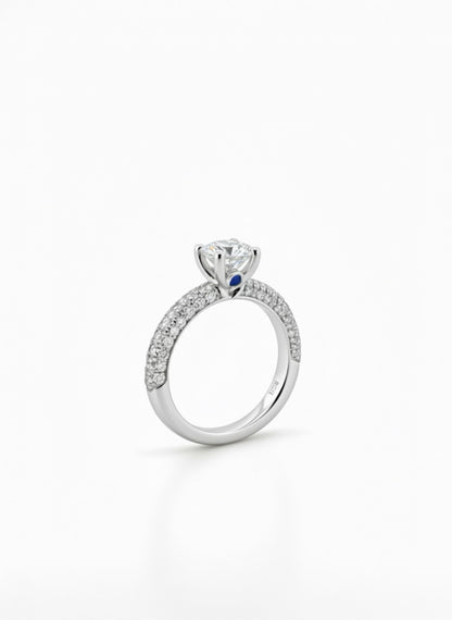 1 Ct VVS1 Moissanite Engagement Ring: Rhodium Plated Sterling Silver Pavé Band