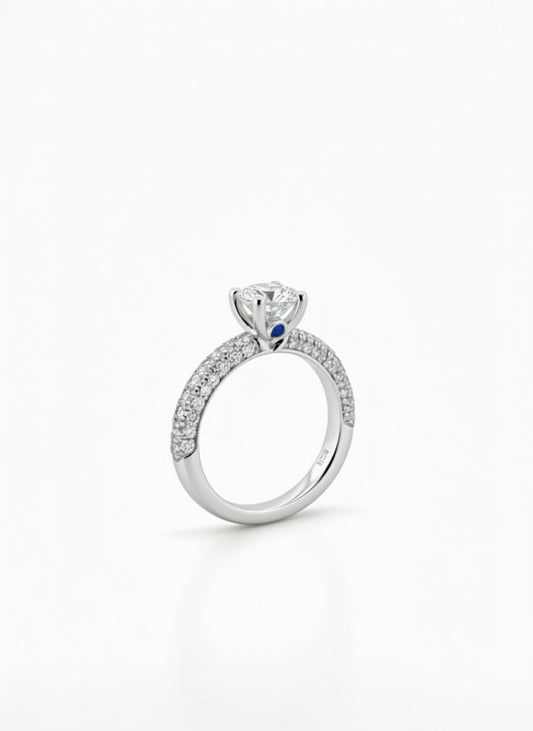 1 Ct VVS1 Moissanite Engagement Ring: Rhodium Plated Sterling Silver Pavé Band