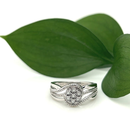 Diamond Cluster Cocktail Ring: Sterling Silver Flower, Twisted Band (Size 7)