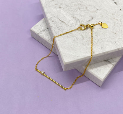 Moissanite Bar Bracelet: 14K Yellow Gold Plated Sterling Silver, Adjustable