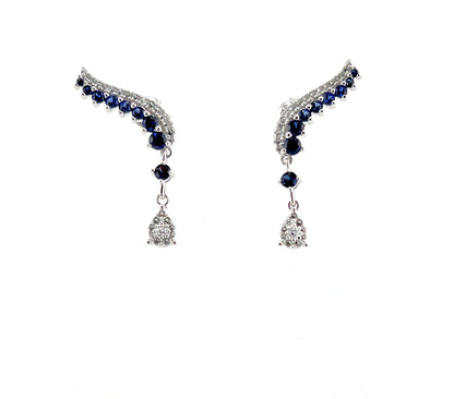 Blue Sapphire Earrings in Rhodium Plated Sterling Silver, Leaf Climber Earrings, Sapphire Bridal Earrings,ar Climber Floral Earring for Her