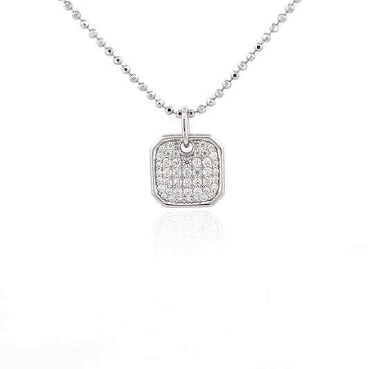 Moissanite Pavé Square Pendant Necklace: Rhodium Sterling Silver Dog Tag