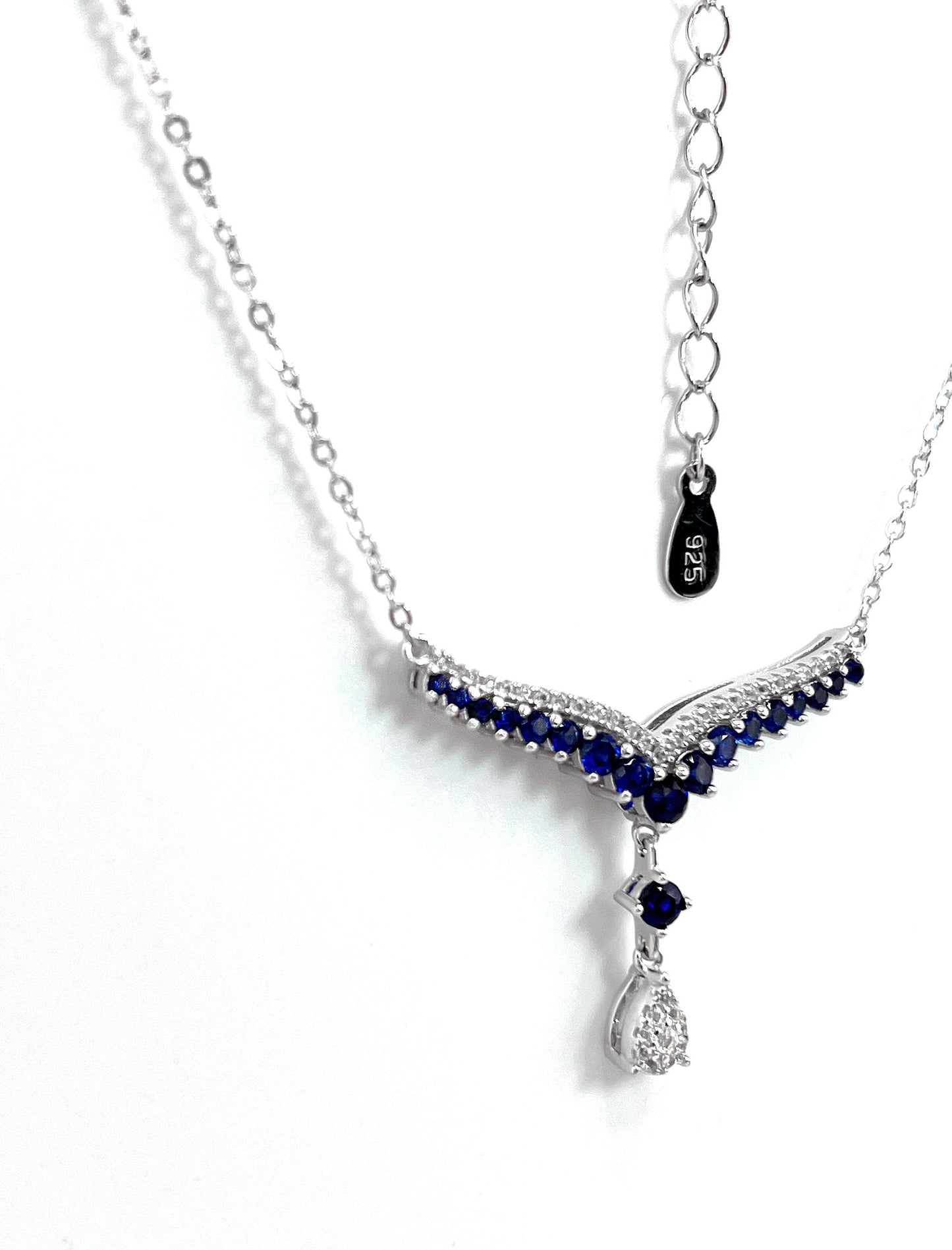 Teardrop Sapphire Necklace: Rhodium Plated Sterling Silver V Collar