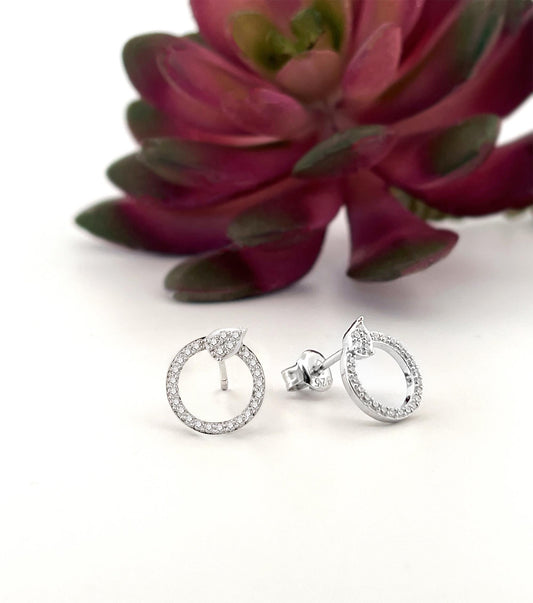 Certified Moissanite Sterling Silver Stud Earrings: Dainty Pave Circle