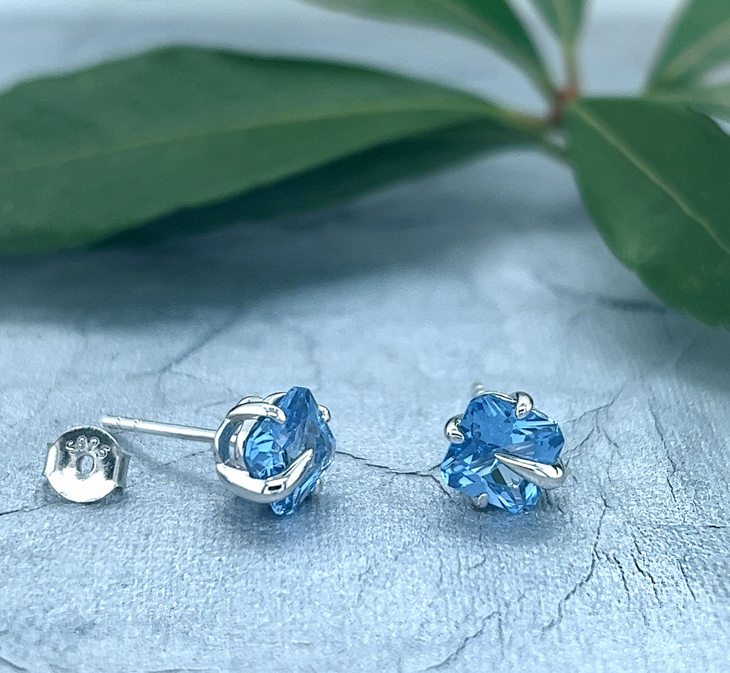 Blue Spinel Stud Earrings: Rhodium Sterling Silver, 6mm Cushion Cut