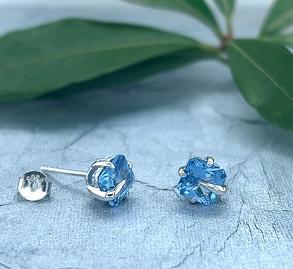 Blue Spinel Stud Earrings: Rhodium Sterling Silver, 6mm Cushion Cut