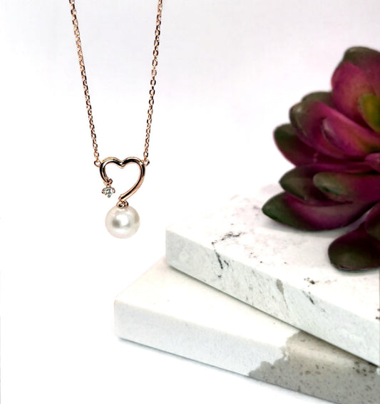 Moissanite & Pearl Heart Pendant Necklace: 14K Rose Gold Sterling Silver