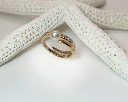 Moissanite Freshwater Pearl Ring: 14K Gold Sterling Silver Spiral