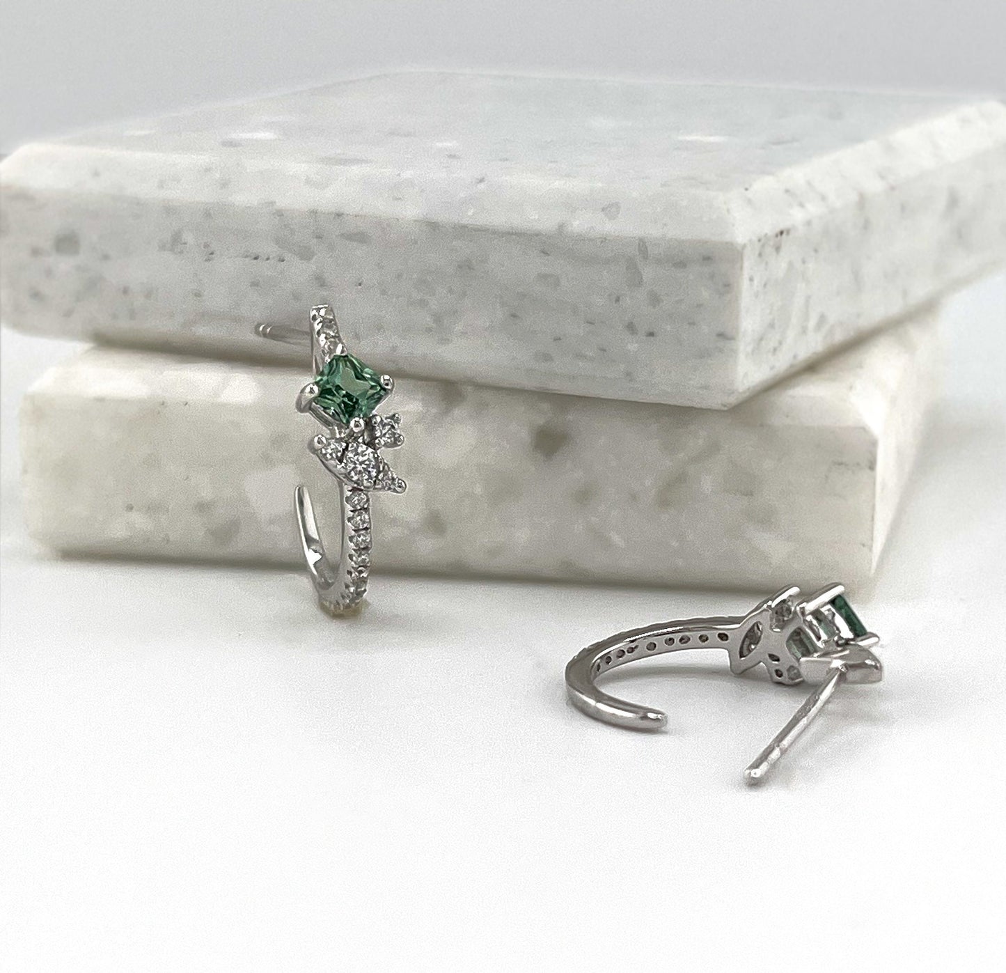 Green & White Sapphire Hoop Earrings: Sterling Silver Flower J Hoops
