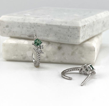 Green & White Sapphire Hoop Earrings: Sterling Silver Flower J Hoops