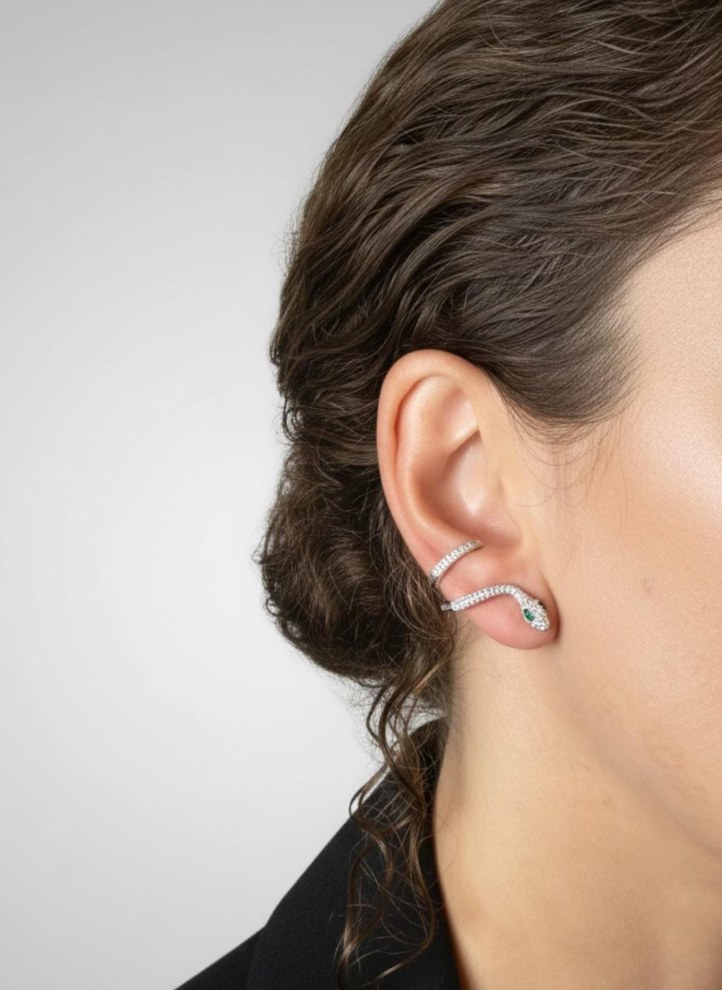 Moissanite Snake Ear Cuff – Serpent Wrap Climber Earrings with Emerald Eyes – Spiral Wire Snake Jewelry, Platinum Plated Sterling Silver