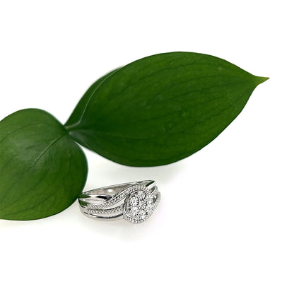 Diamond Cluster Cocktail Ring: Sterling Silver Flower, Twisted Band (Size 7)