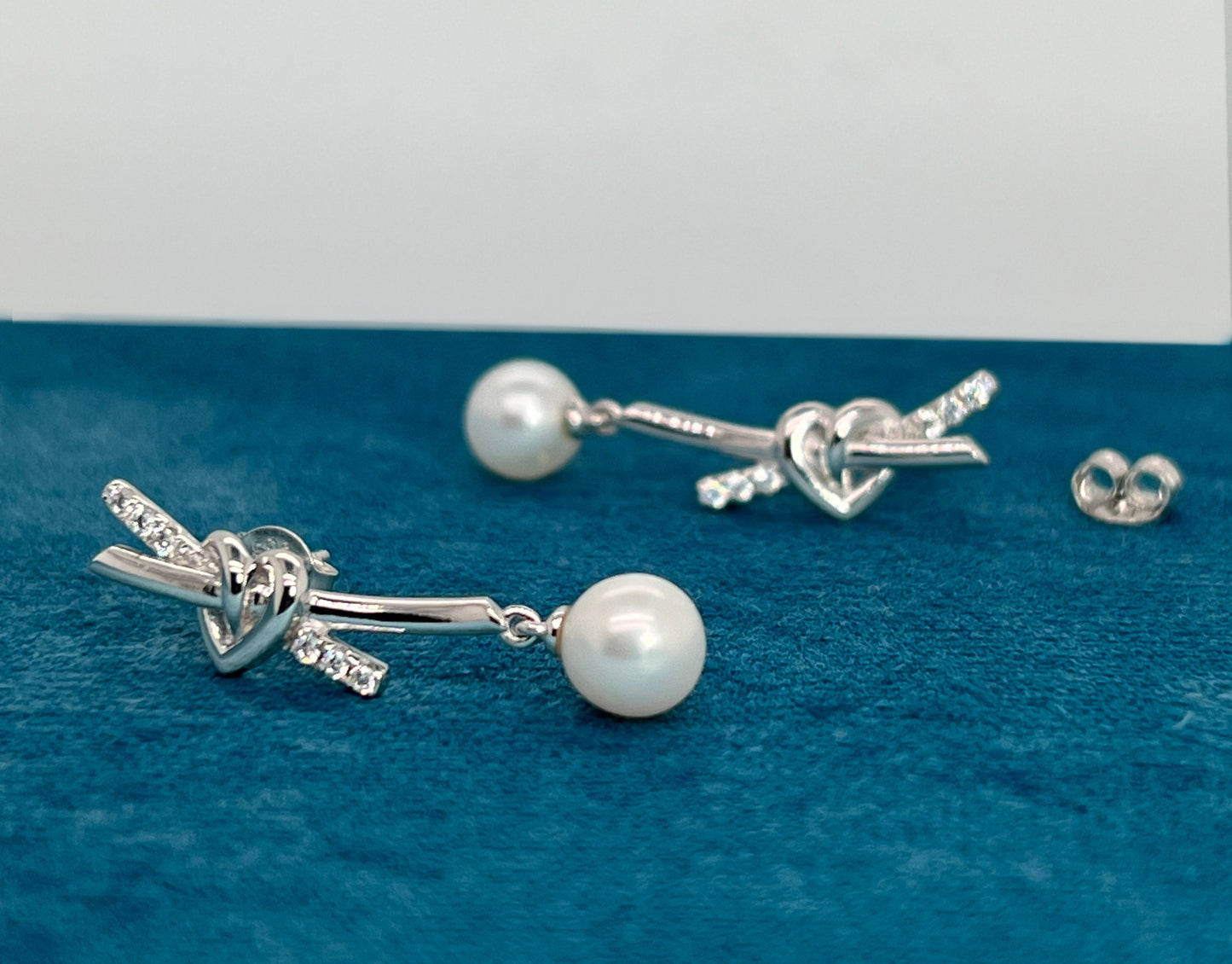 Sterling Silver Pearl Drop Earrings: CZ Heart Dangle, Bridal Jewelry