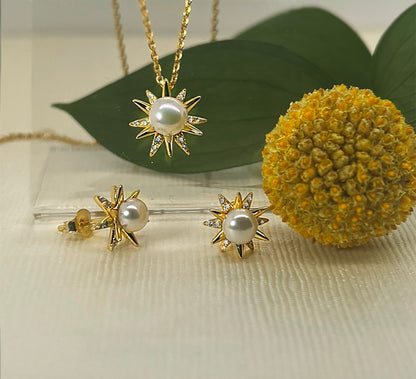 Pearl Star Stud Earrings: Yellow Gold Plated Sterling Silver, CZ