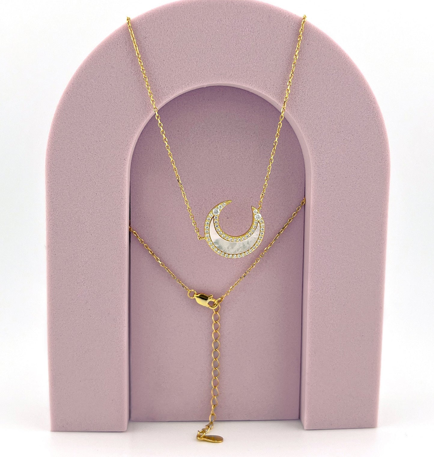 Moissanite Crescent Moon Necklace: 14K Gold Plated Sterling Silver, Mother-of-Pearl Pendant