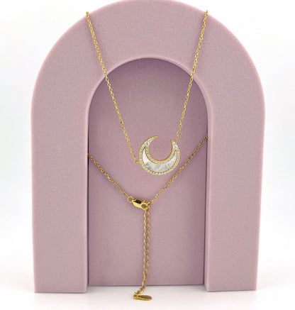Moissanite Crescent Moon Necklace: 14K Gold Plated Sterling Silver, Mother-of-Pearl Pendant