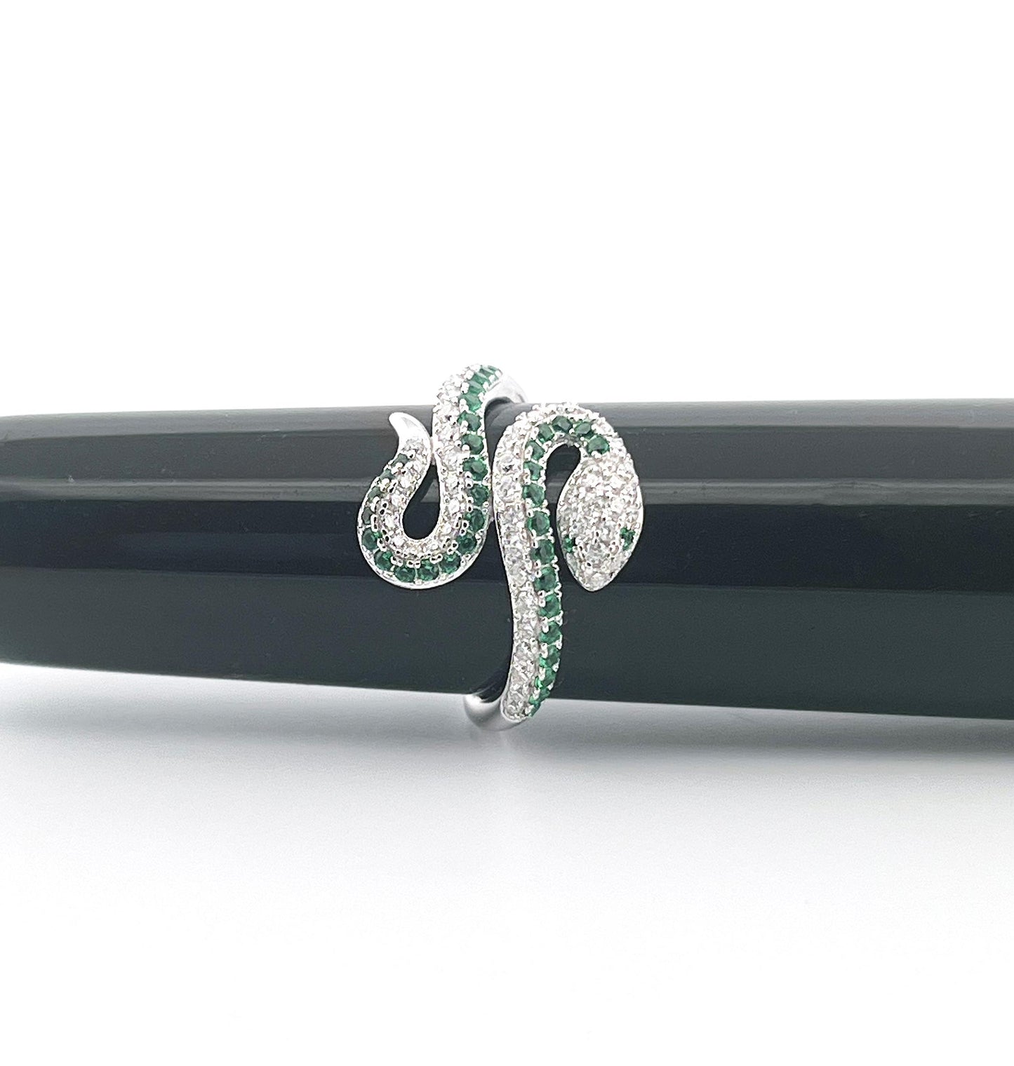 Moissanite Snake Ring: Emerald Eyes, 18K Gold Plated Sterling Silver