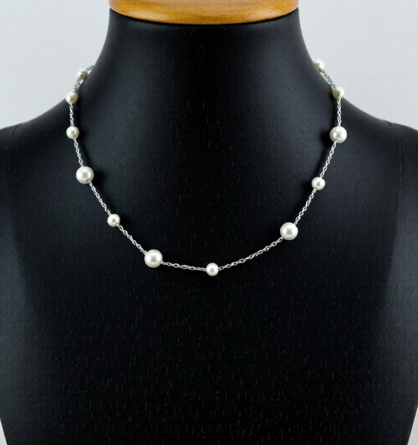 Pearls by the Yard Necklace: Freshwater Pearl Station Necklace in Rhodium Plated Sterling Silver | Adjustable 16-18'' | Bridal Necklace