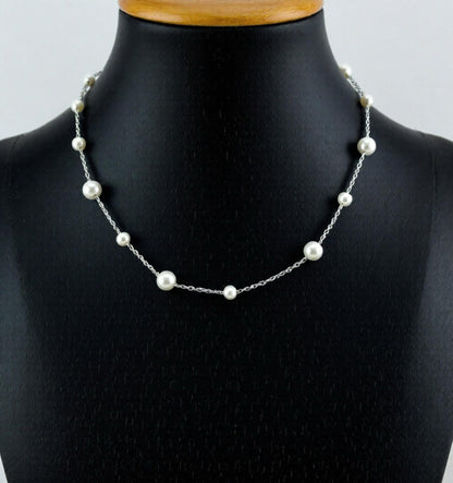 Pearls by the Yard Necklace: Freshwater Pearl Station Necklace in Rhodium Plated Sterling Silver | Adjustable 16-18'' | Bridal Necklace