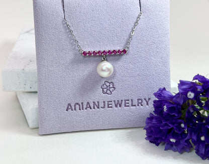 Sterling Silver Bar Necklace: Ruby or Sapphire, Freshwater Pearl Dangle