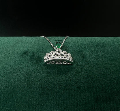Emerald Crown Necklace: Rhodium Plated Sterling Silver, White Sapphire Pendant