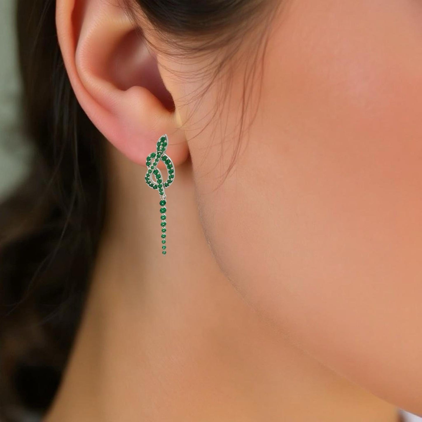 Emerald Snake Earrings: Rhodium Plated Sterling Silver Serpent Dangles