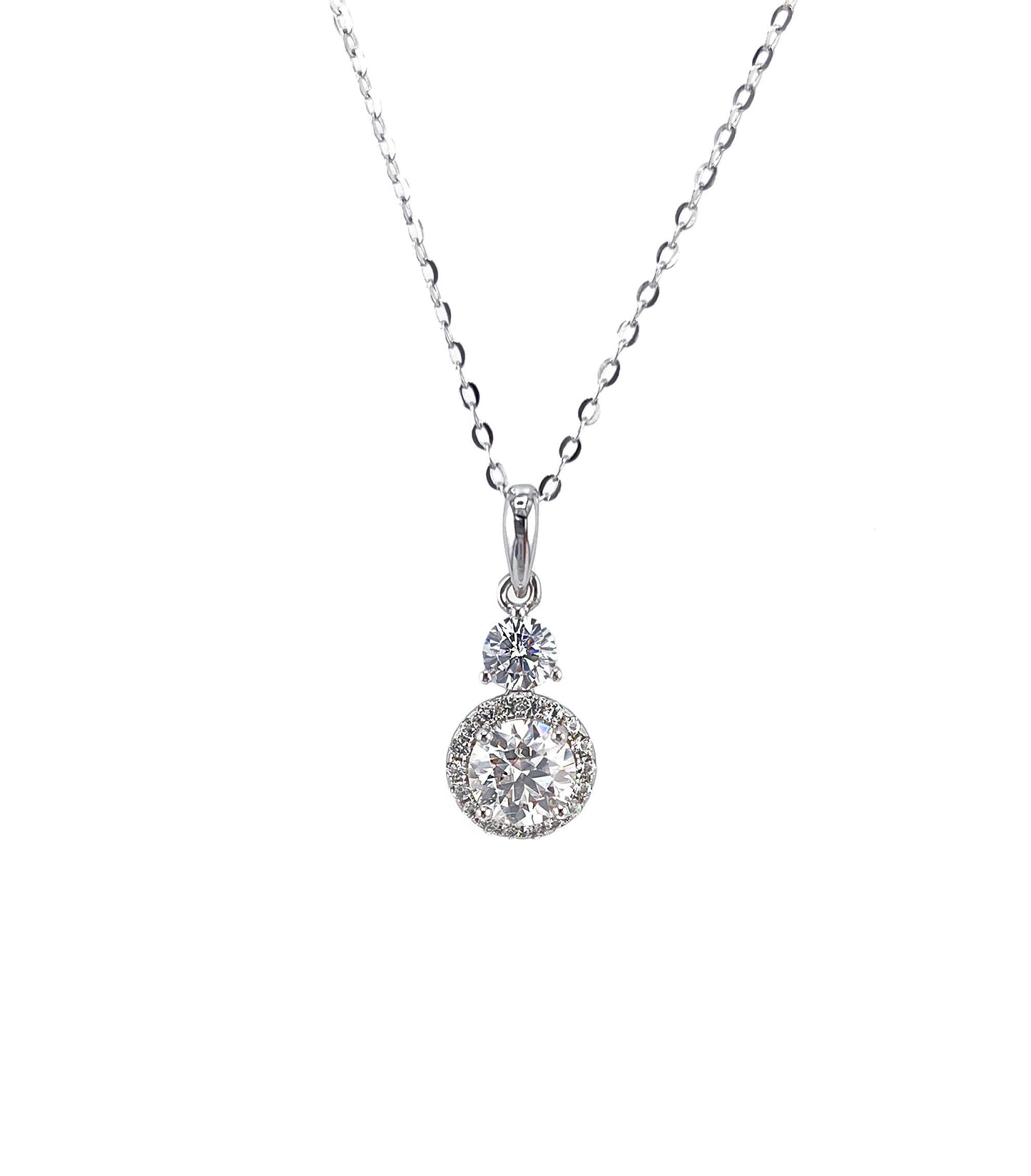 1.5CTW VVS1 Moissanite Halo Necklace: Rhodium Plated Sterling Silver Pendant
