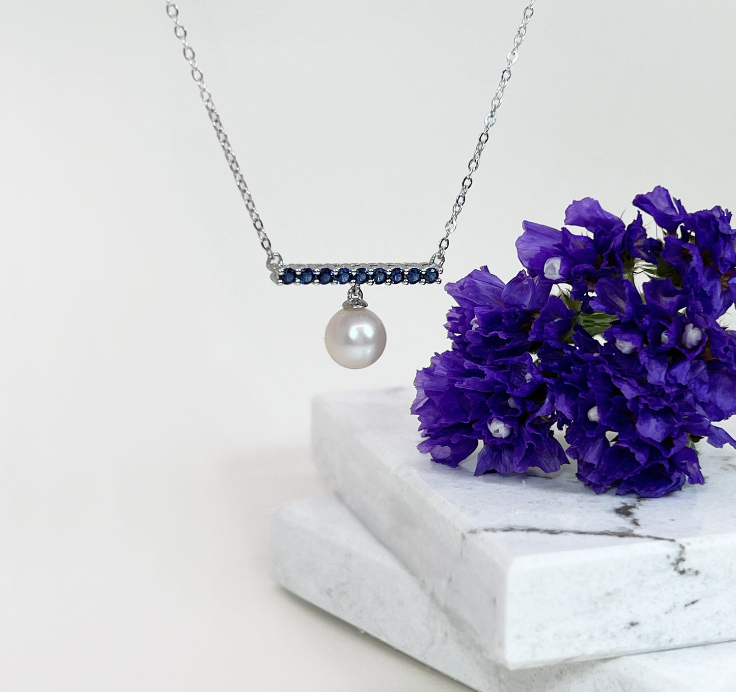 Sterling Silver Bar Necklace: Ruby or Sapphire, Freshwater Pearl Dangle