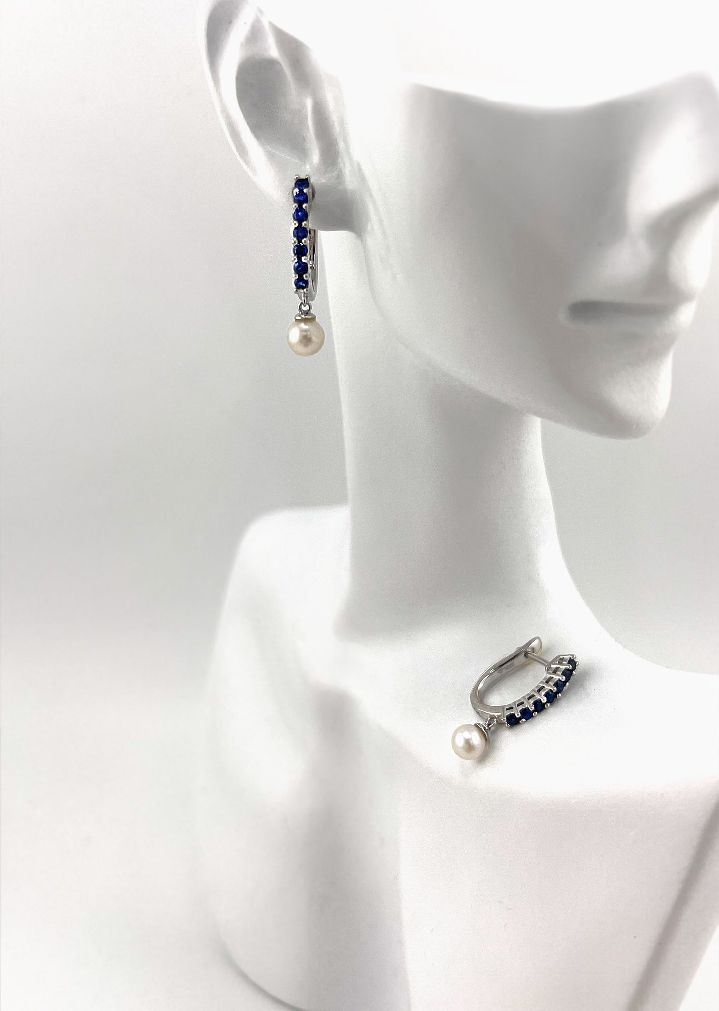 Blue Sapphire Pearl Huggie Earrings, Rhodium Sterling Silver Hoops