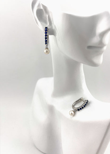 Blue Sapphire Pearl Huggie Earrings, Rhodium Sterling Silver Hoops