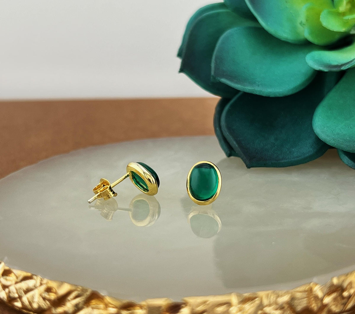 Emerald Stud Earrings: 18K Gold Plated Sterling Silver Bezel