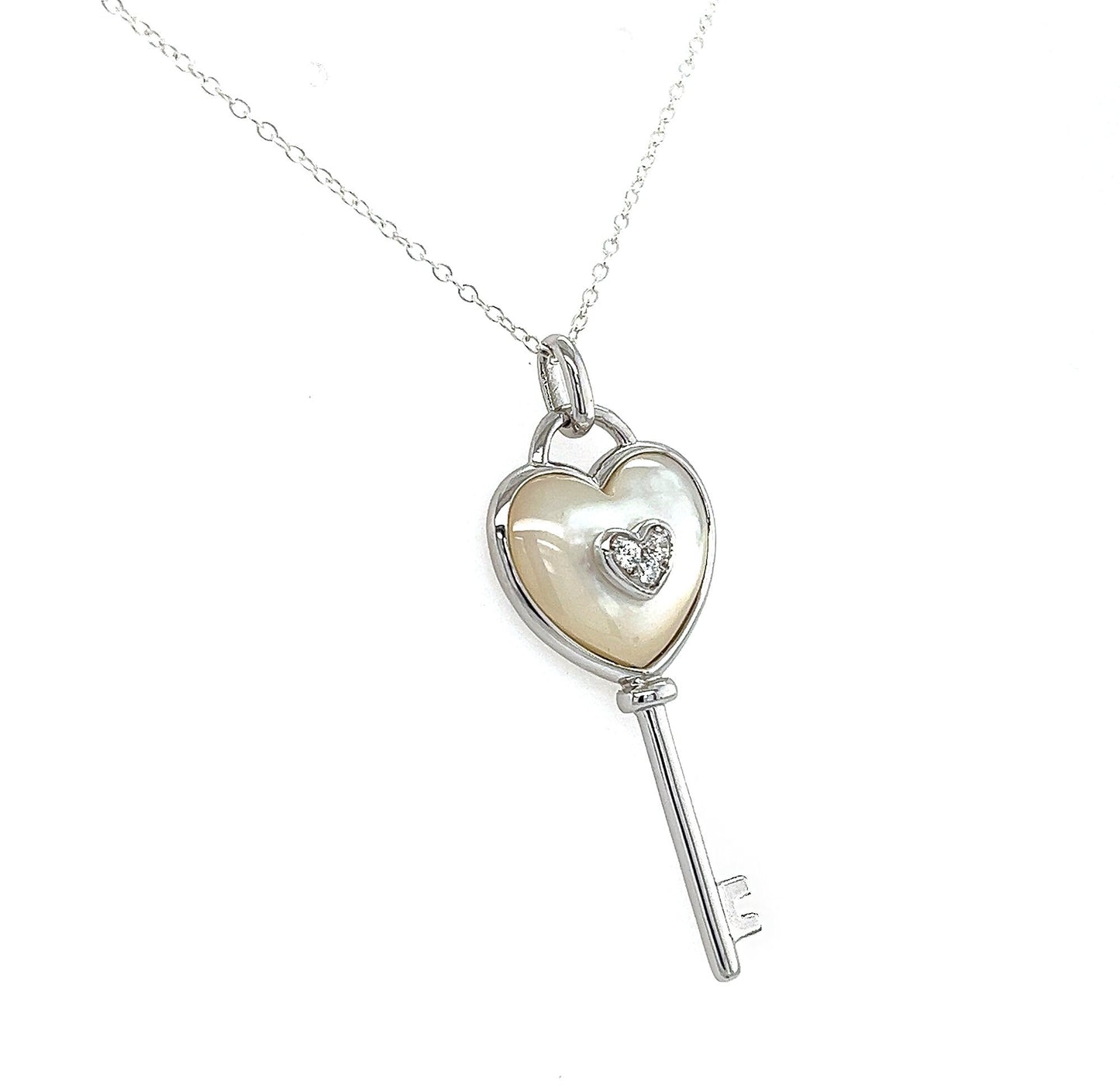 Heart Key Necklace: Sterling Silver, Mother of Pearl & White Sapphire Pendant