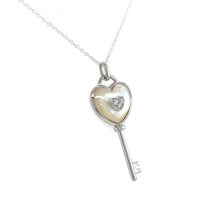 Heart Key Necklace: Sterling Silver, Mother of Pearl & White Sapphire Pendant