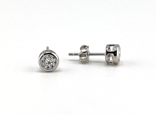 VVS1 Moissanite Stud Earrings: Rhodium Plated Sterling Silver Bezel Set