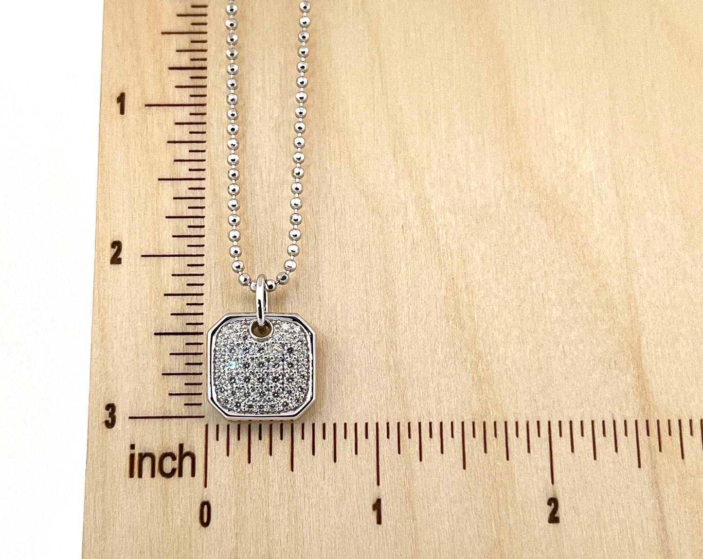 Moissanite Pavé Square Pendant Necklace: Rhodium Sterling Silver Dog Tag